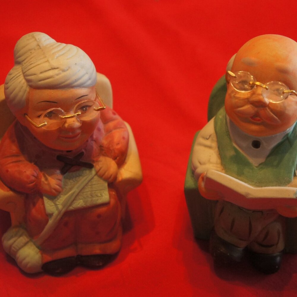 Porcelain Grandma & Grandpa rocking chair coin bank set or bottom center hole fo